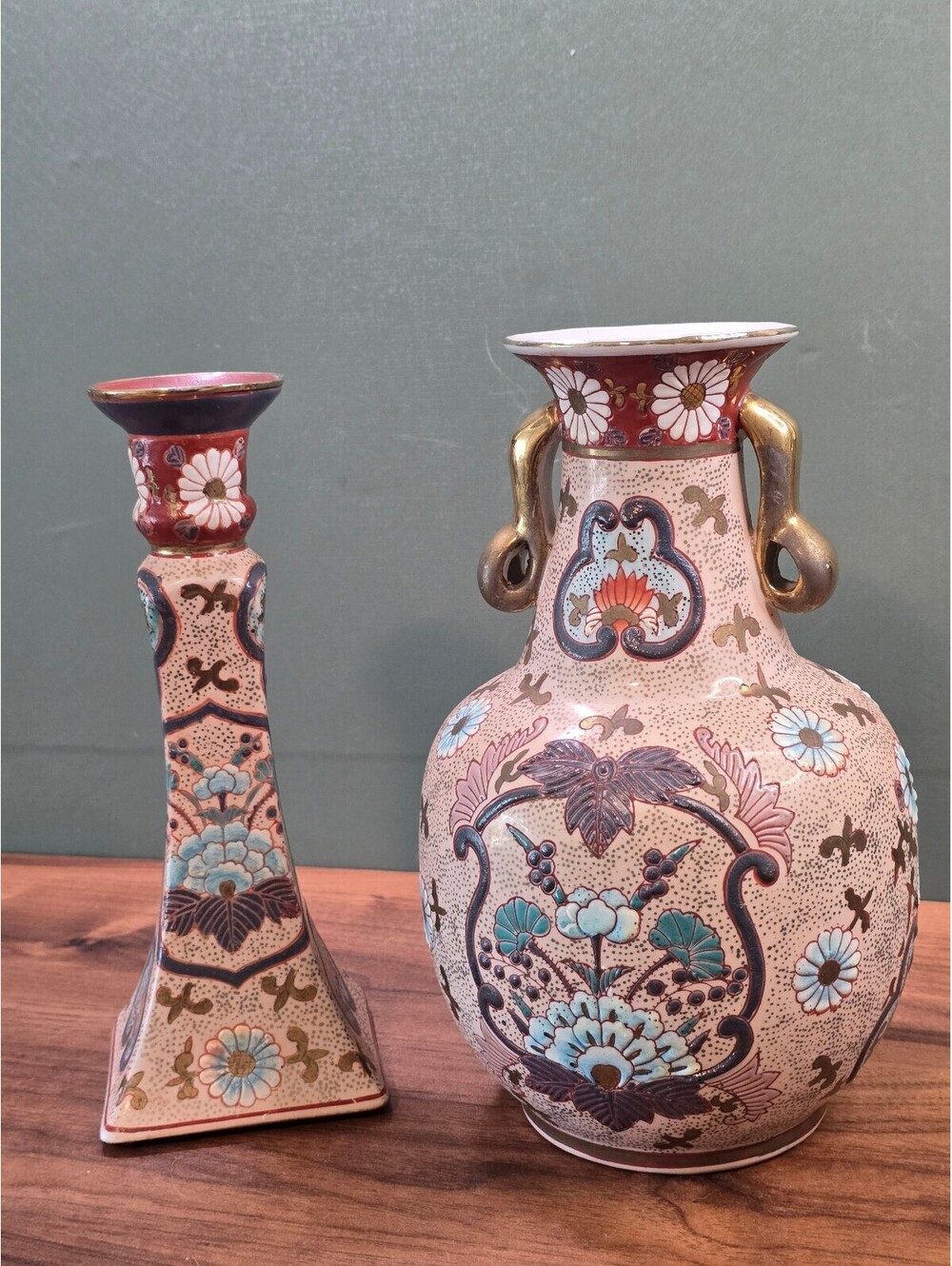 Vintage Japanese Satsuma Vase Set Raised Enamel Floral Candlestick Moriage